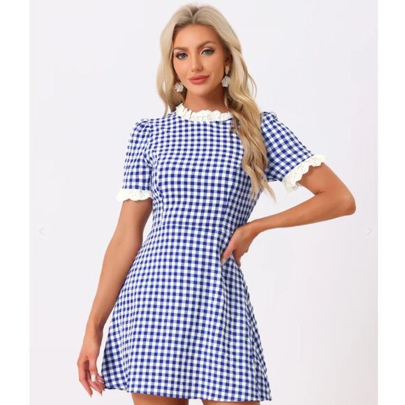 Allegra K Dress Women S Blue White Gingham Short Sleeve Cottagecore Prairie NEW‎ - Picture 1 of 14